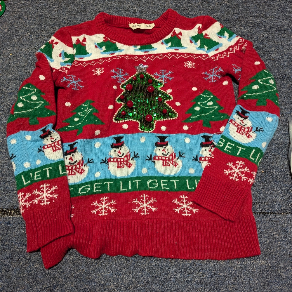 Bluenotes Festive Red Lazy Sweater with Green Trees